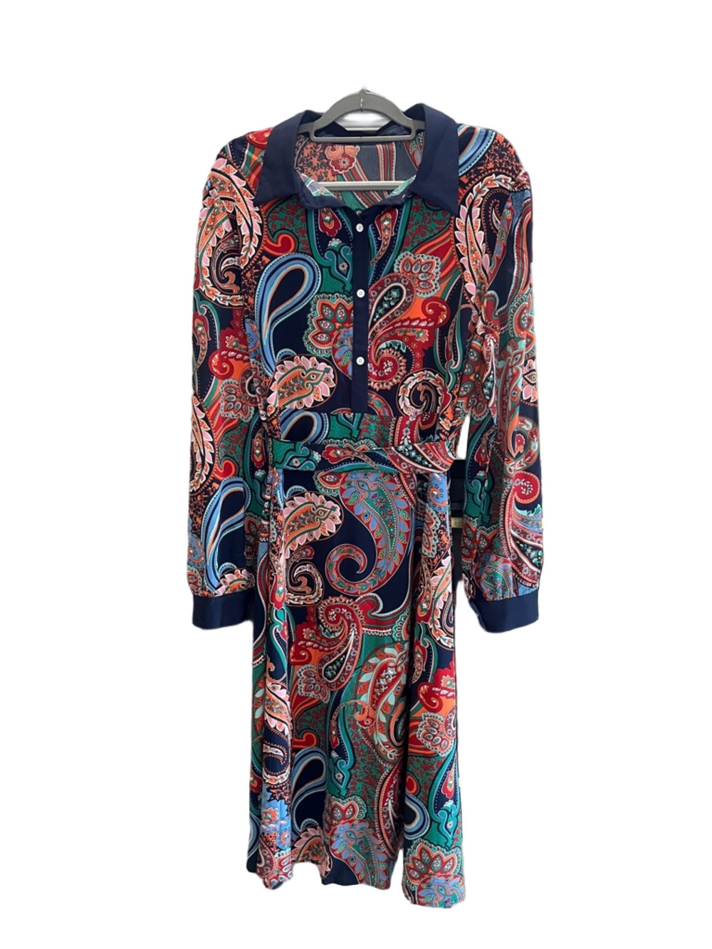 Paisley Print Long Sleeve Shirt Dress in Navy and Multicolor